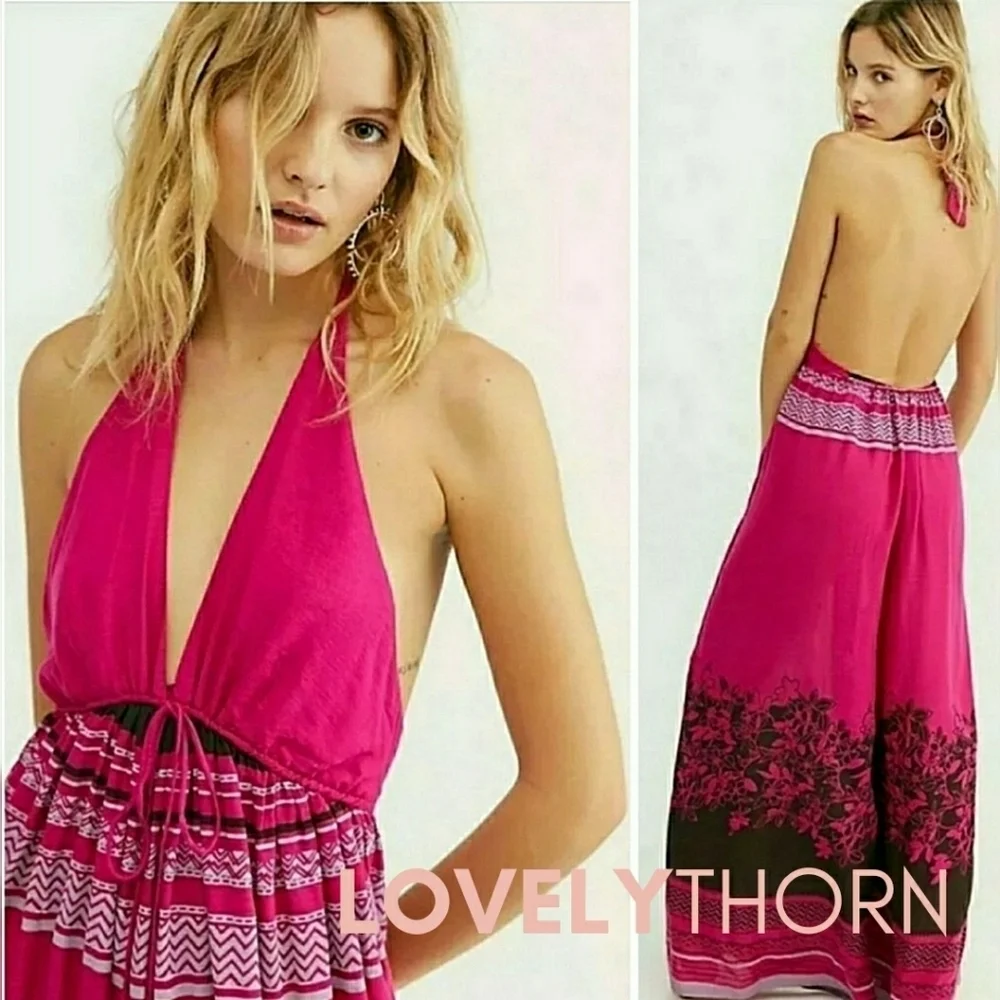 FREE PEOPLE // boho fuchsia print open back wide leg halter style jumpsuit